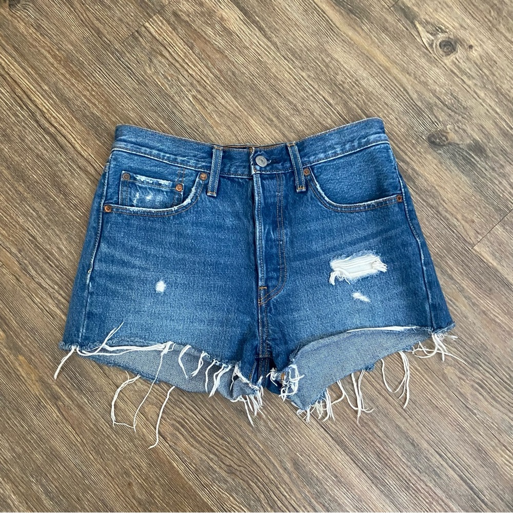 Levi’s 501 Premium Medium Wash‎ Distressed Button Fly Shorts